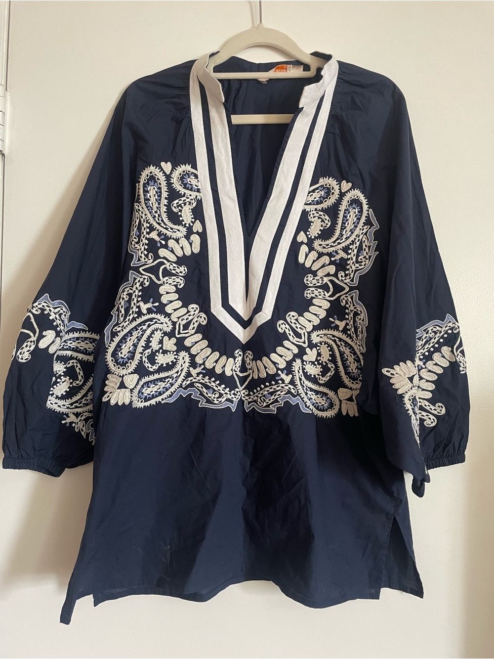 Tory Burch Navy Tunic with White Paisley Embroidery